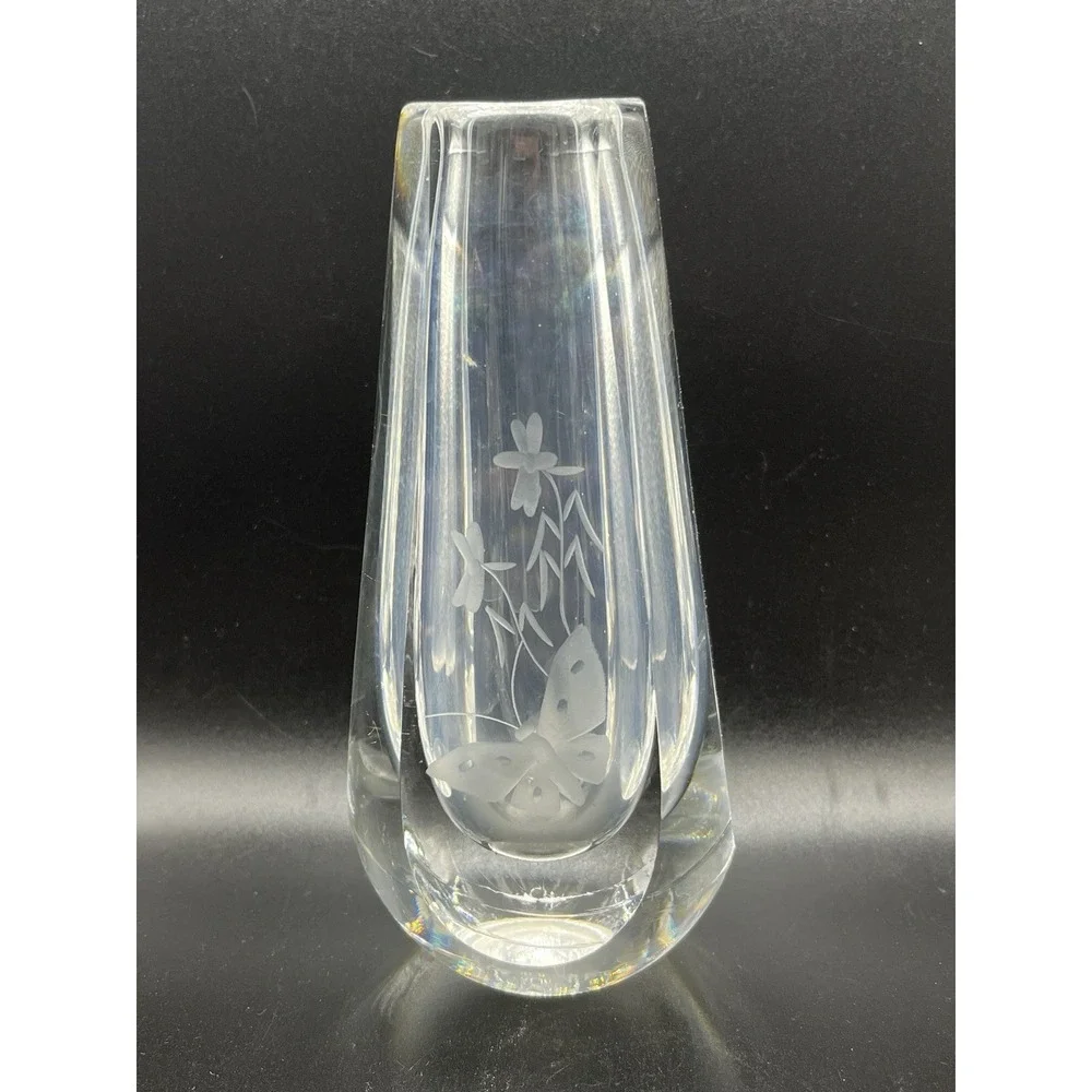 Orrefors Crystal Signed Bud Vase Etched Butterfly & Flowers‎ Design 6